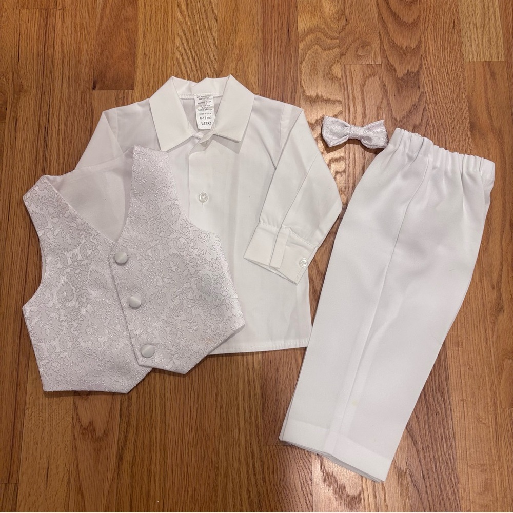 Lito Baby Boys Christening Baptism Set w/Jacquard Vest + Bow Tie - size 6-12 mo